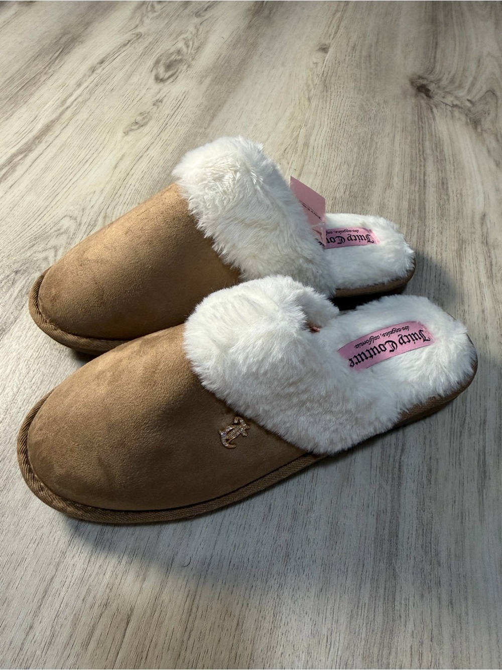 Juicy Couture Tan Faux Suede Slippers with White Faux Fur Trim